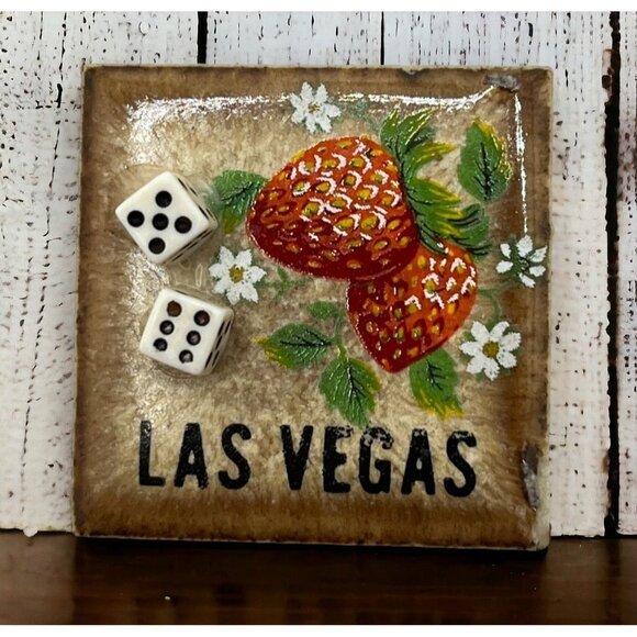 Las Vegas NV Refrigerator Magnet Vintage 3D Dice on Tile Strawberries - Picture 1 of 6